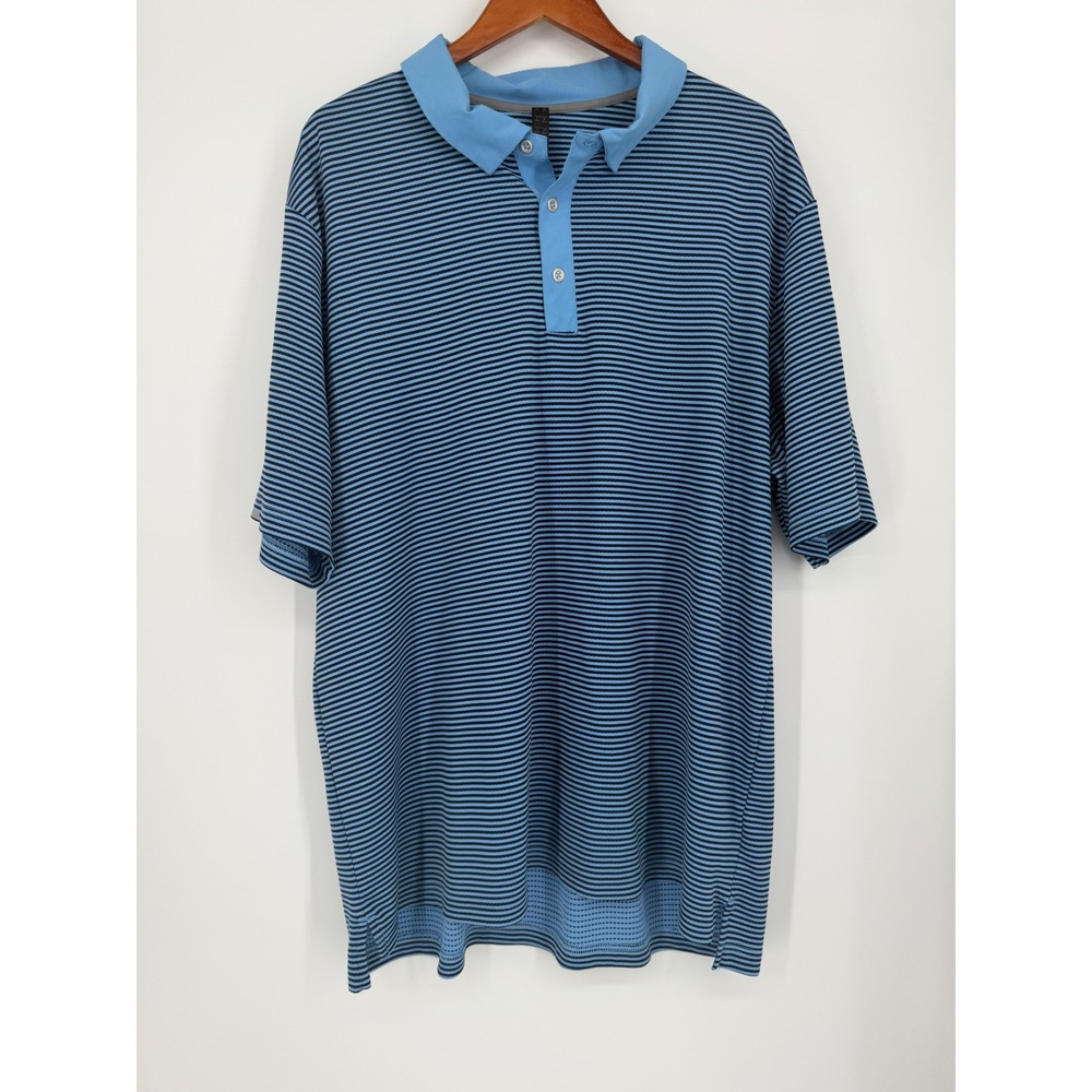 Adidas Mens Polo Shirt 2XLT Blue Striped Golf Performance Activewear Breathable